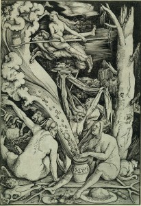 Heksen toveren tijdens heksensabbat, Hans Baldung Grien (ontwerper), 1510, Staatliche Museen zu Berlin – Kupferstichkabinett, Berlijn